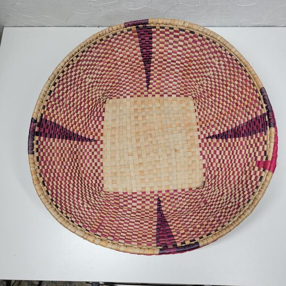 Vintage Handmade Malian Woven Wall Baskets 5" -15" Pink Green Wall Decor - Picture 7 of 16